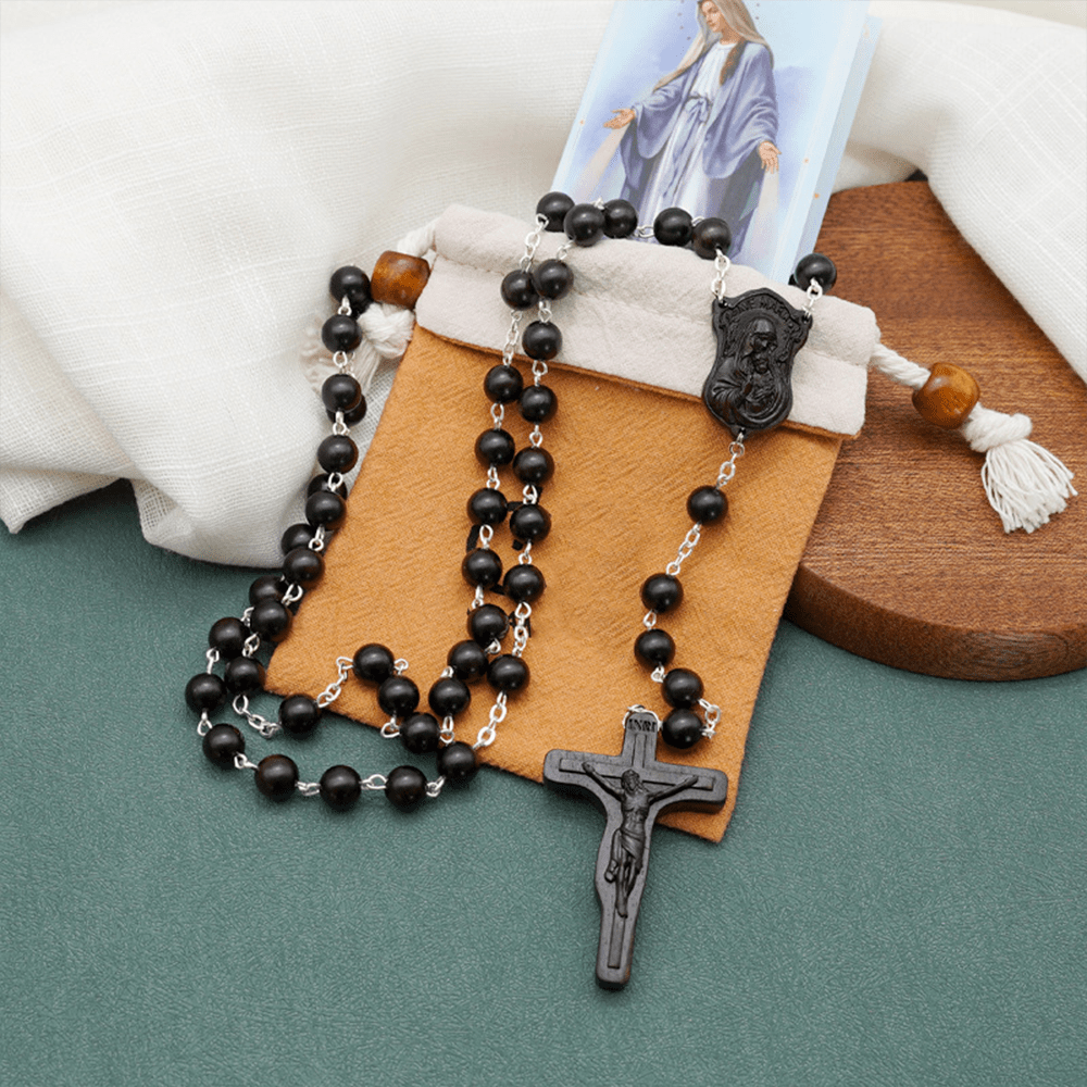 Christianartworkshop Madonna and Child & Crucifix of 8 mm Round Multicolor Olive Wood Alloy Chain Rosary