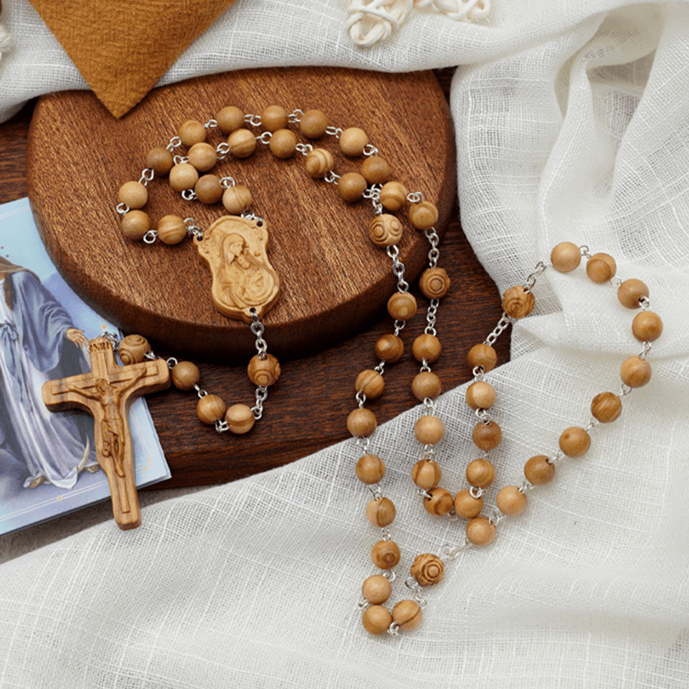Christianartworkshop Madonna and Child & Crucifix of 8 mm Round Multicolor Olive Wood Alloy Chain Rosary - image 4