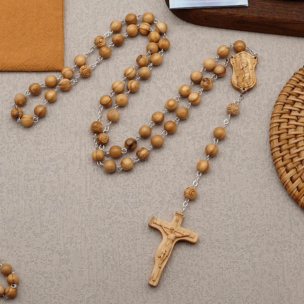 Christianartworkshop Madonna and Child & Crucifix of 8 mm Round Multicolor Olive Wood Alloy Chain Rosary - Olive Wood--8mm - image 6