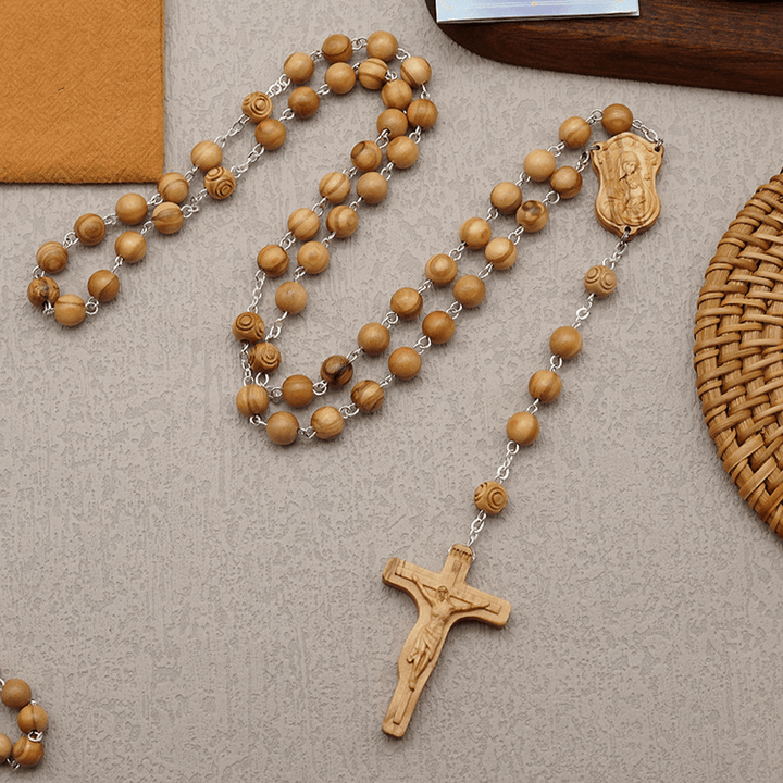 Christianartworkshop Madonna and Child & Crucifix of 8 mm Round Multicolor Olive Wood Alloy Chain Rosary - Olive Wood--8mm - image 6