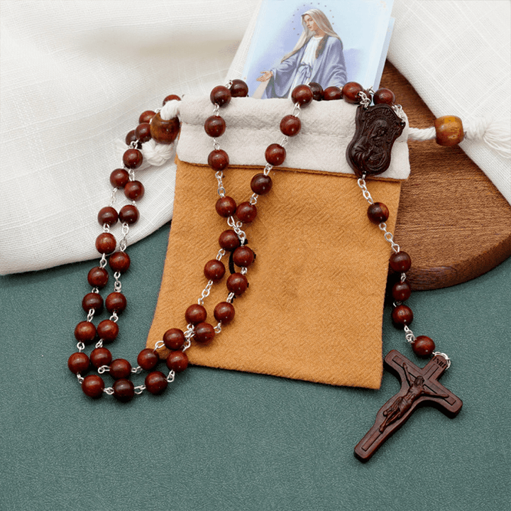 Christianartworkshop Madonna and Child & Crucifix of 8 mm Round Multicolor Olive Wood Alloy Chain Rosary - image 9