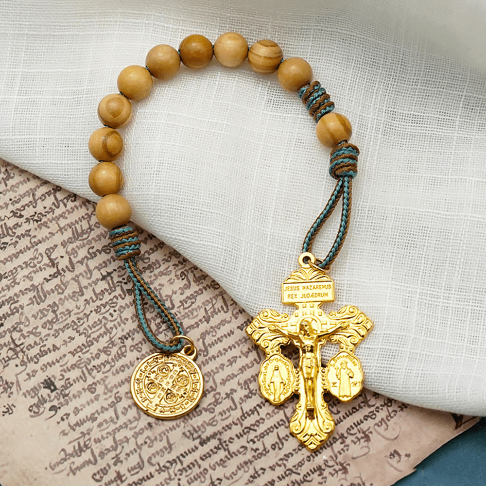 Christianartworkshop St. Benedict Medal & Crucifix of 10 mm Round Golden Olive Wood Nylon Cord Pocket Rosary