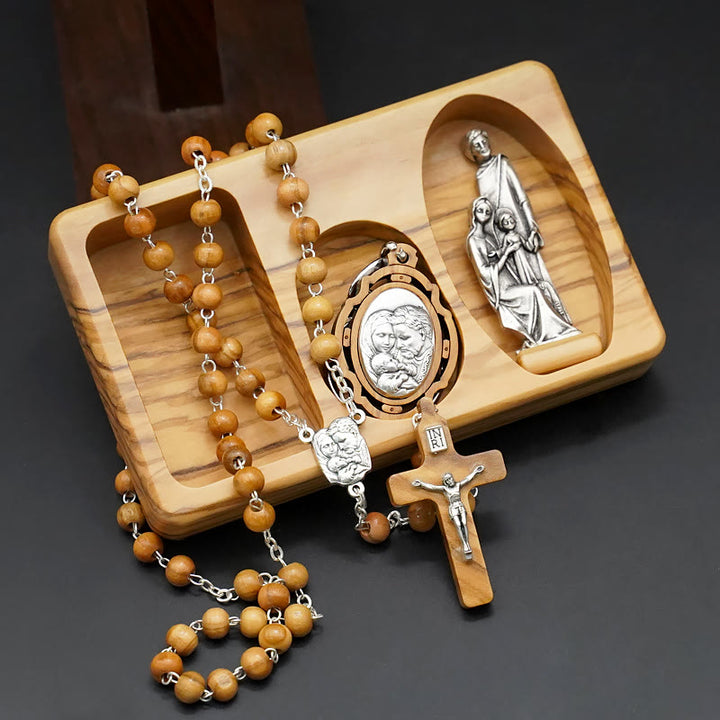 Christian Art Handmade Religious Devotional Olive Wood Holy Family Rosary Set