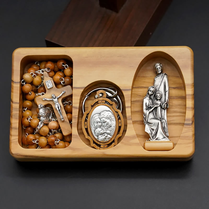 Handmade Olive Wood Holy Family Rosary Set – Five-Decade Rosary