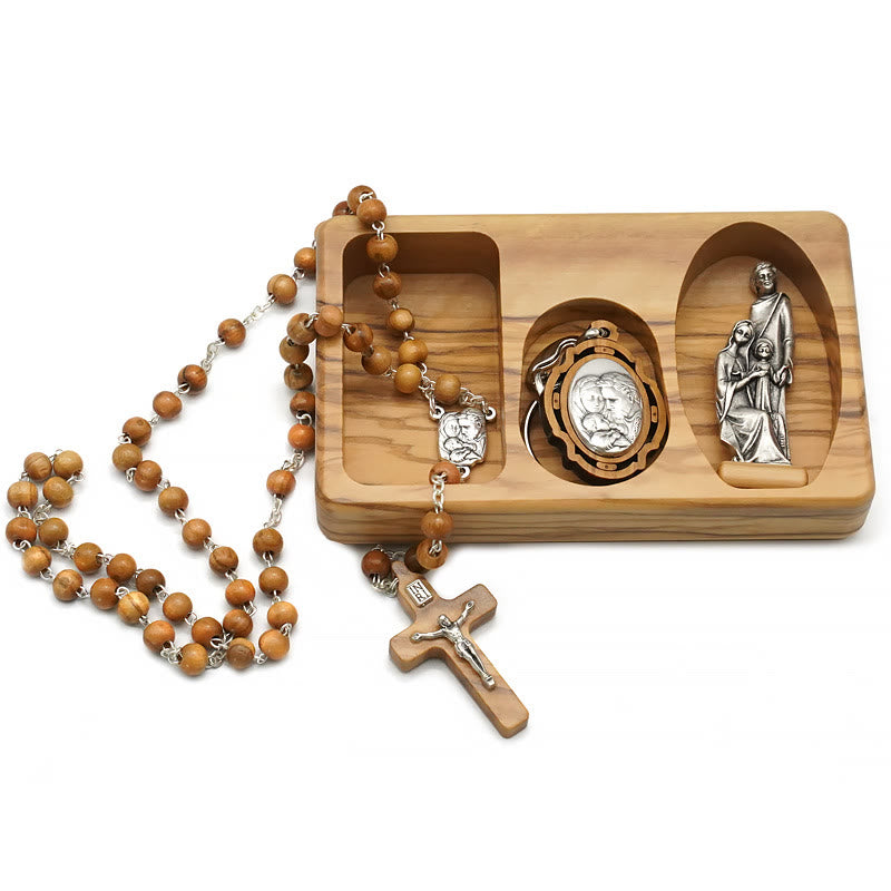 Handmade Olive Wood Holy Family Rosary Set – Five-Decade Rosary