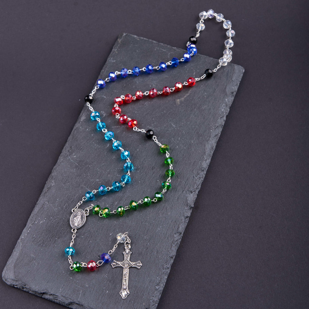 Christianartworkshop Miraculous Medal & Crucifix of 6 mm Polyhedron Multicolor Crystal Alloy Chain Rosary