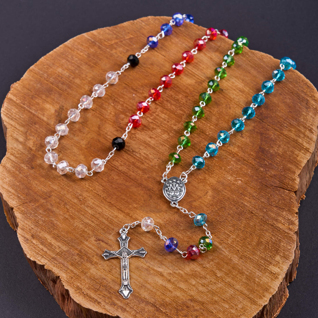 Christianartworkshop Miraculous Medal & Crucifix of 6 mm Polyhedron Multicolor Crystal Alloy Chain Rosary