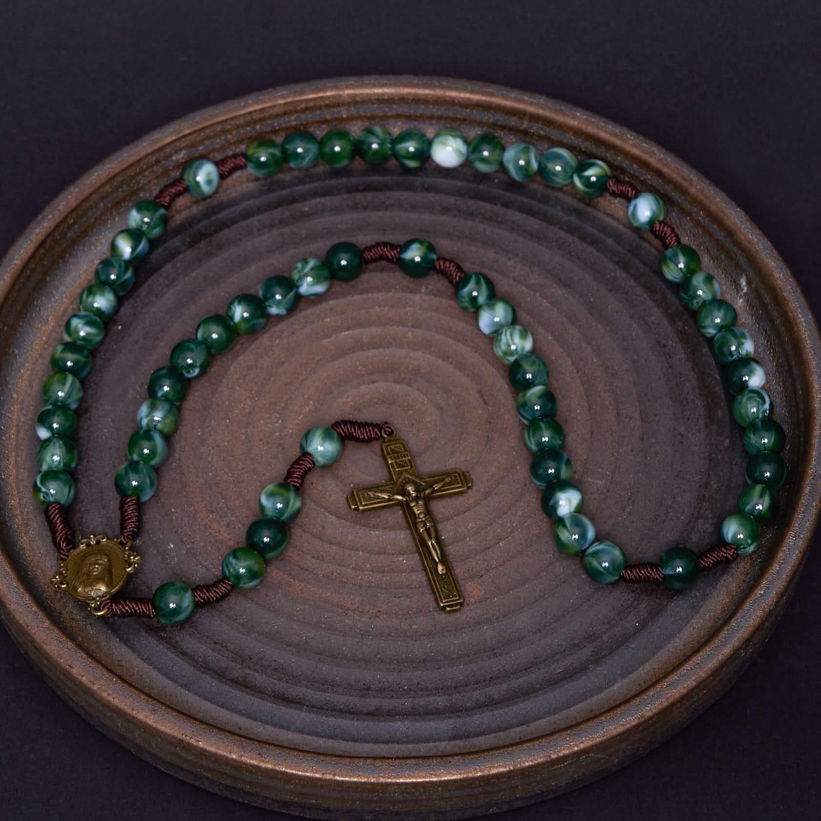 Stunning~Brown~Green~Agate~Glass Cut Accents~Silver~Holy Family~Crucifix hot from Italy~Wire~Rosary~Catholic~Prayer~Mary~5 Decade~Unique~Gift