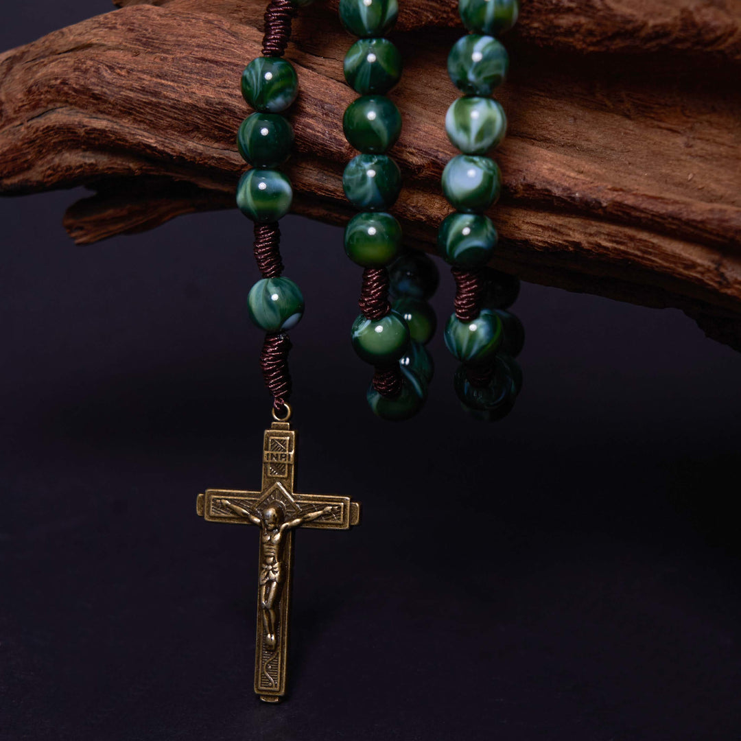 Christianartworkshop Our Lady of Guadalupe & Crucifix of 10 mm Round Green Agate Nylon Cord Rosary