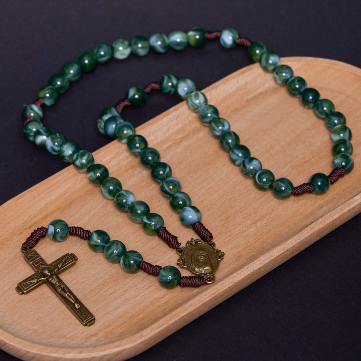 Christian Art Our Lady of Guadalupe & Crucifix of 10 mm Round Green Agate Nylon Cord Rosary