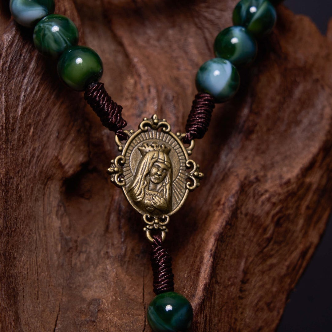 Christian Art Our Lady of Guadalupe & Crucifix of 10 mm Round Green Agate Nylon Cord Rosary