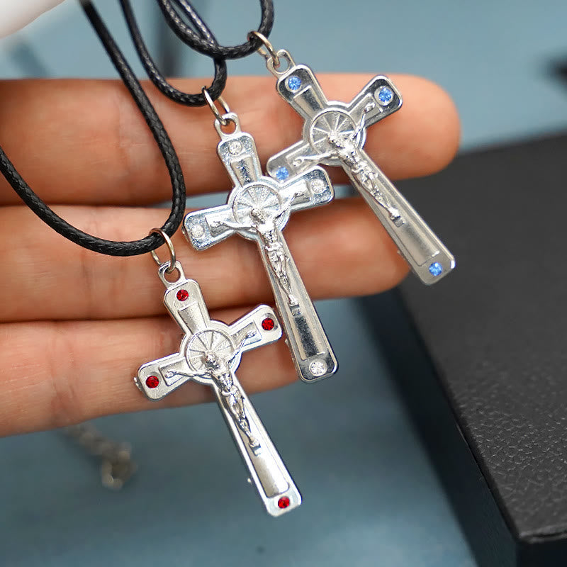 Christian Art Retro Claasic Style Crucifix with Colorful Gemstone Pendant Necklace