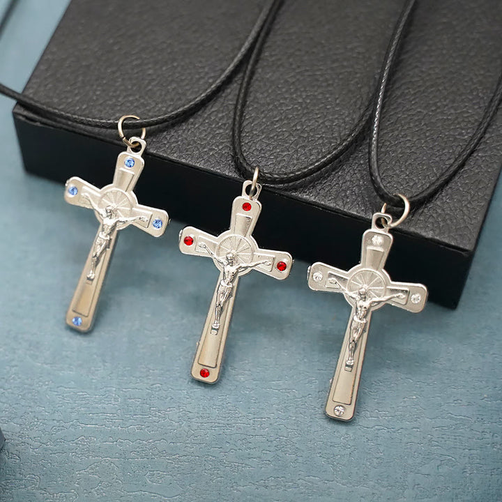 Christian Art Retro Claasic Style Crucifix with Colorful Gemstone Pendant Necklace