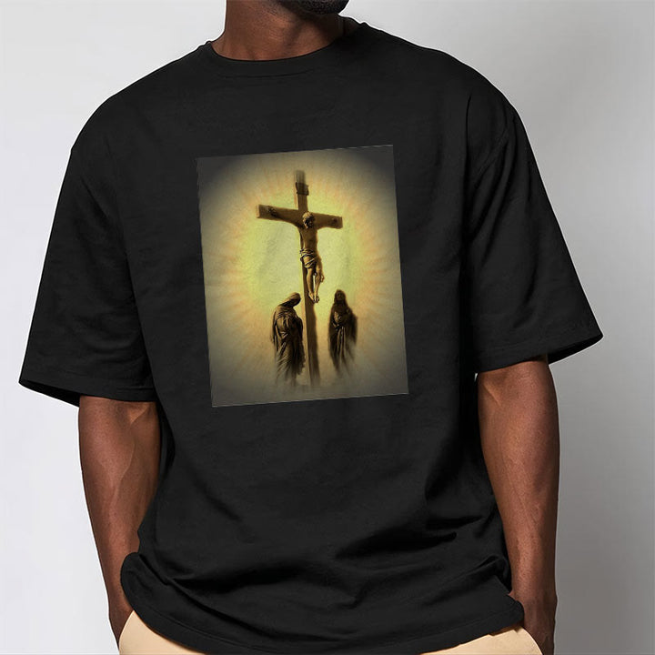 Christianartworkshop Classic Style Crucifixion of Jesus Graphic Short Sleeve Washed T-shirt