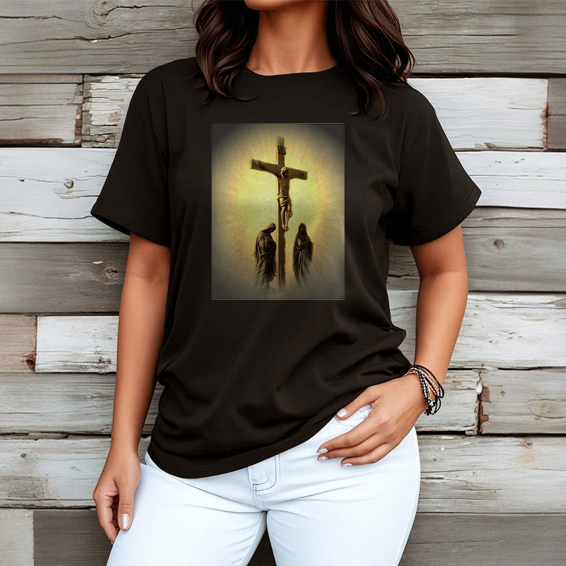 Christianartworkshop Classic Style Crucifixion of Jesus Graphic Short Sleeve Washed T-shirt