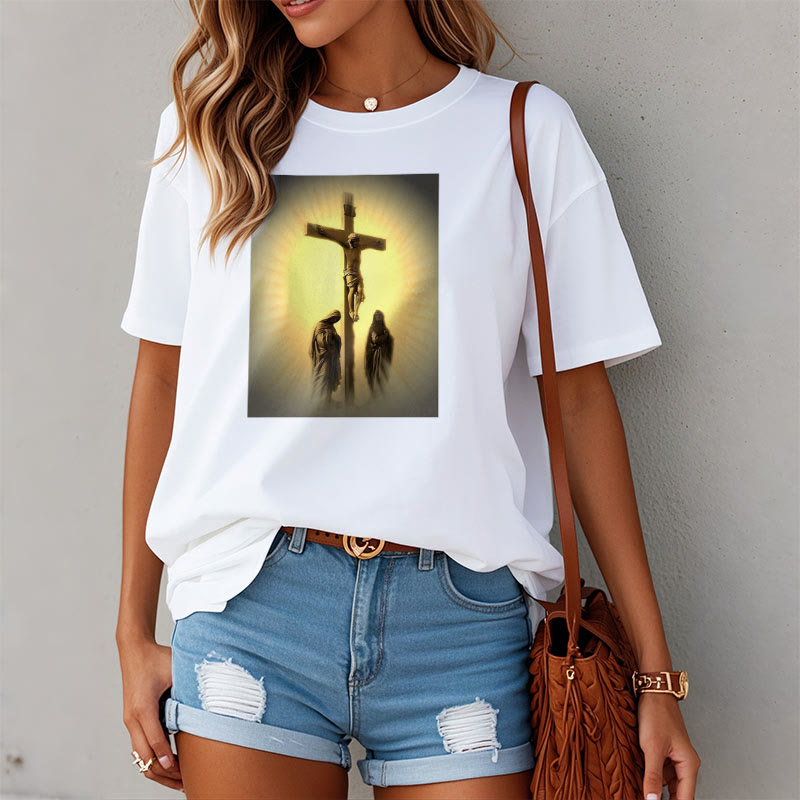 Christianartworkshop Classic Style Crucifixion of Jesus Graphic Short Sleeve Washed T-shirt