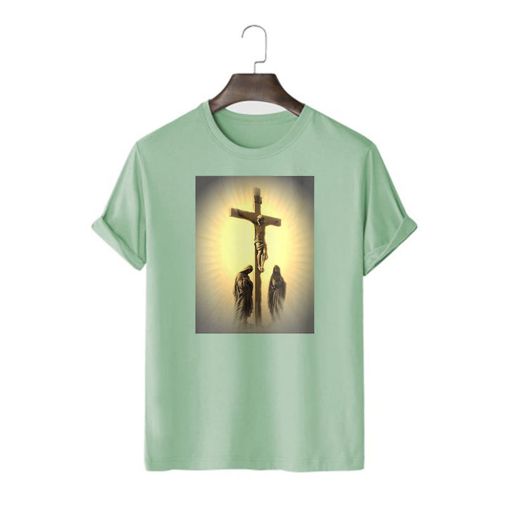 Christianartworkshop Classic Style Crucifixion of Jesus Graphic Short Sleeve Washed T-shirt - Light Green - 2XL - image 11
