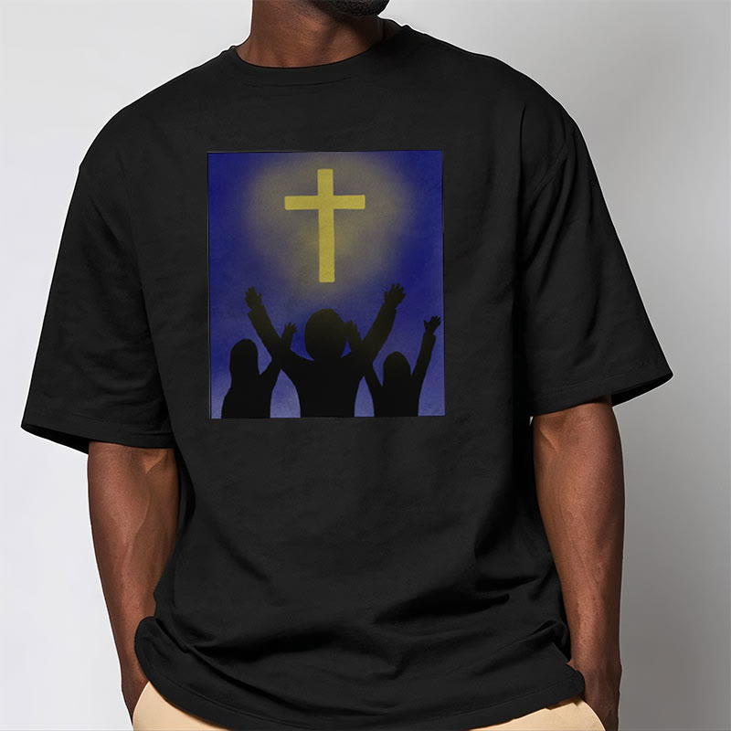 Christianartworkshop Minimalist Style Christian Faith Inspirational Cross and Worshippers Short Sleeve Washed T-shirt