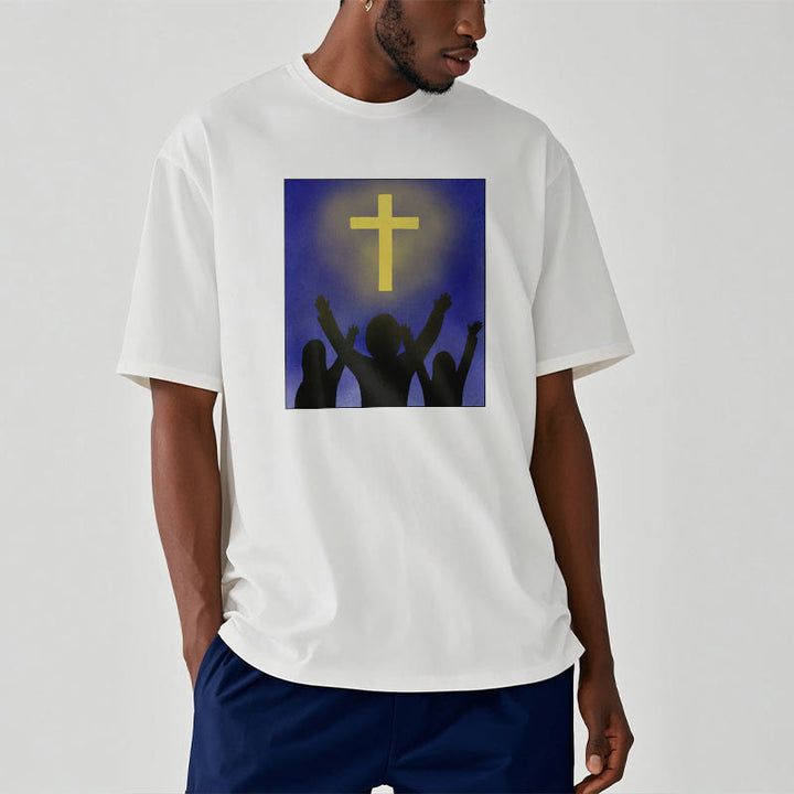 Christianartworkshop Minimalist Style Christian Faith Inspirational Cross and Worshippers Short Sleeve Washed T-shirt