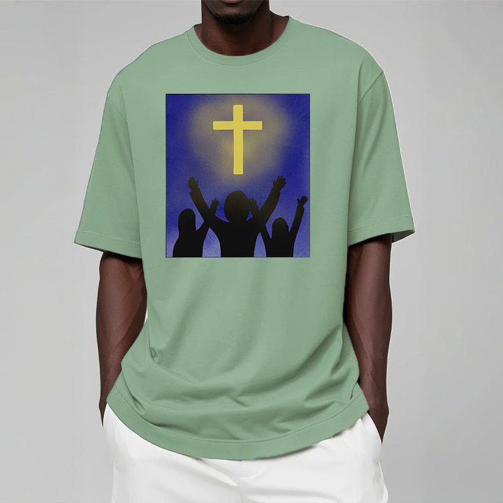 Christianartworkshop Minimalist Style Christian Faith Inspirational Cross and Worshippers Short Sleeve Washed T-shirt