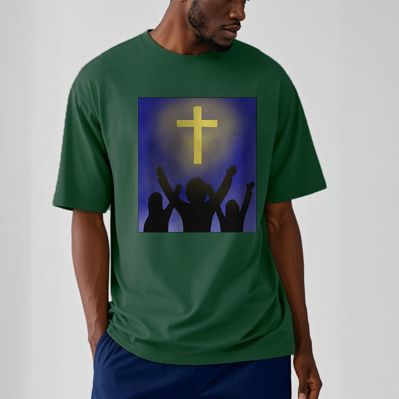 Christianartworkshop Minimalist Style Christian Faith Inspirational Cross and Worshippers Short Sleeve Washed T-shirt