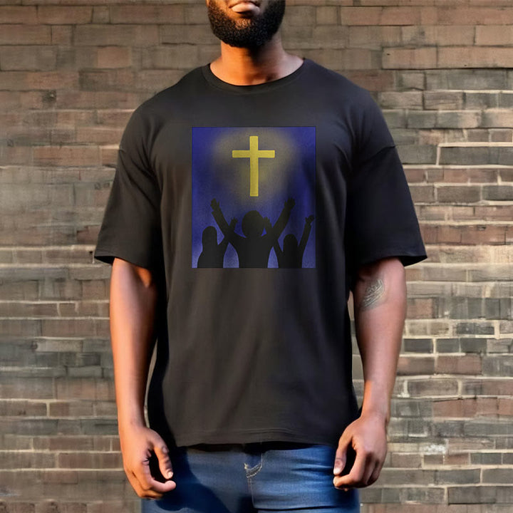 Christianartworkshop Minimalist Style Christian Faith Inspirational Cross and Worshippers Short Sleeve Washed T-shirt