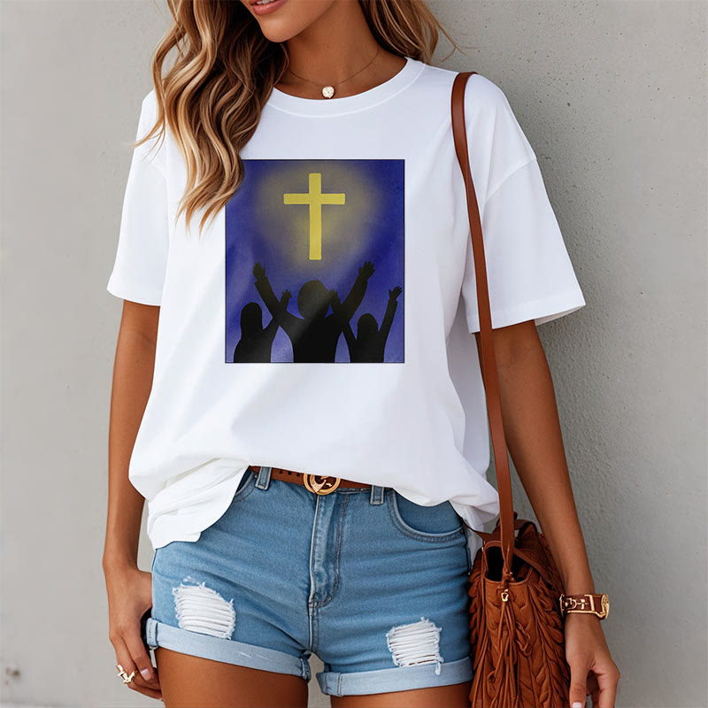 Christianartworkshop Minimalist Style Christian Faith Inspirational Cross and Worshippers Short Sleeve Washed T-shirt