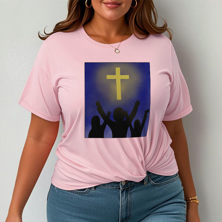 Christianartworkshop Minimalist Style Christian Faith Inspirational Cross and Worshippers Short Sleeve Washed T-shirt