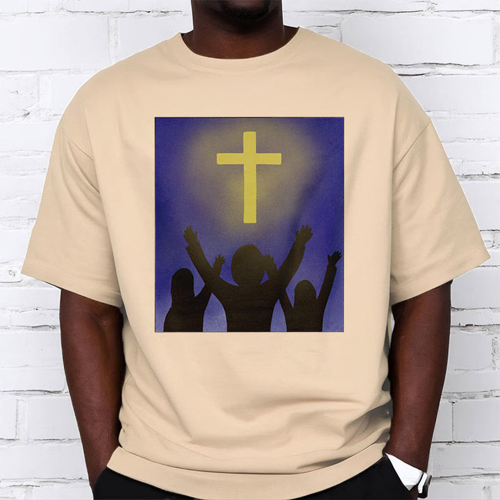 Christianartworkshop Minimalist Style Christian Faith Inspirational Cross and Worshippers Short Sleeve Washed T-shirt