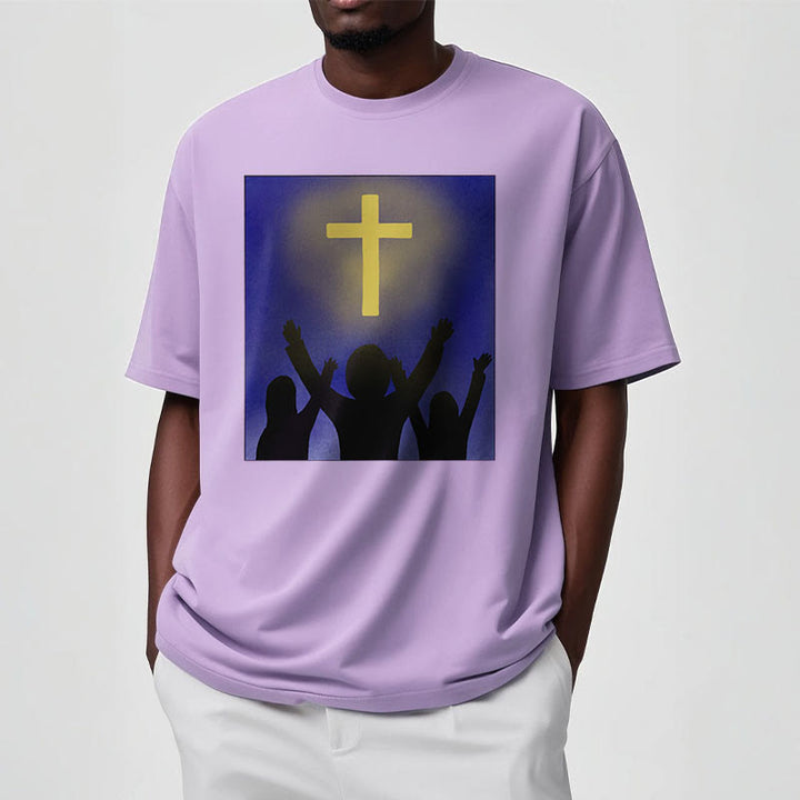 Christianartworkshop Minimalist Style Christian Faith Inspirational Cross and Worshippers Short Sleeve Washed T-shirt