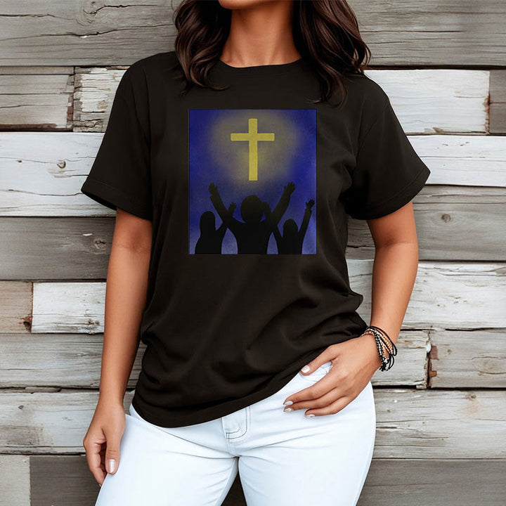 Christianartworkshop Minimalist Style Christian Faith Inspirational Cross and Worshippers Short Sleeve Washed T-shirt