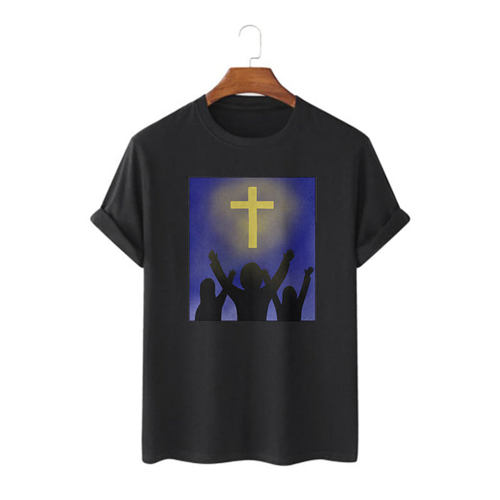 Christianartworkshop Minimalist Style Christian Faith Inspirational Cross and Worshippers Short Sleeve Washed T-shirt