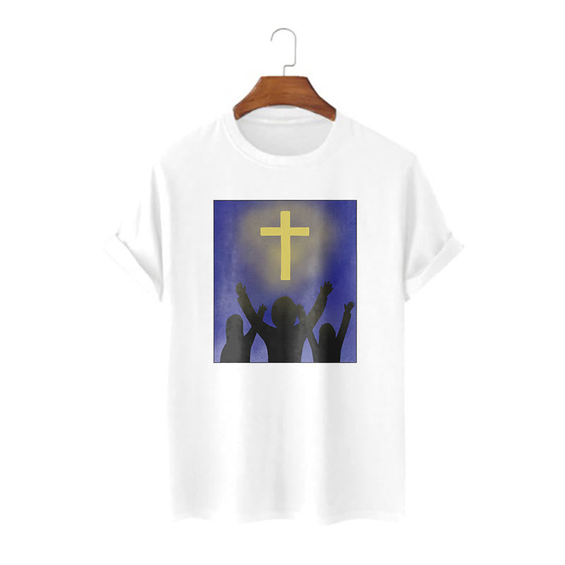 Christianartworkshop Minimalist Style Christian Faith Inspirational Cross and Worshippers Short Sleeve Washed T-shirt