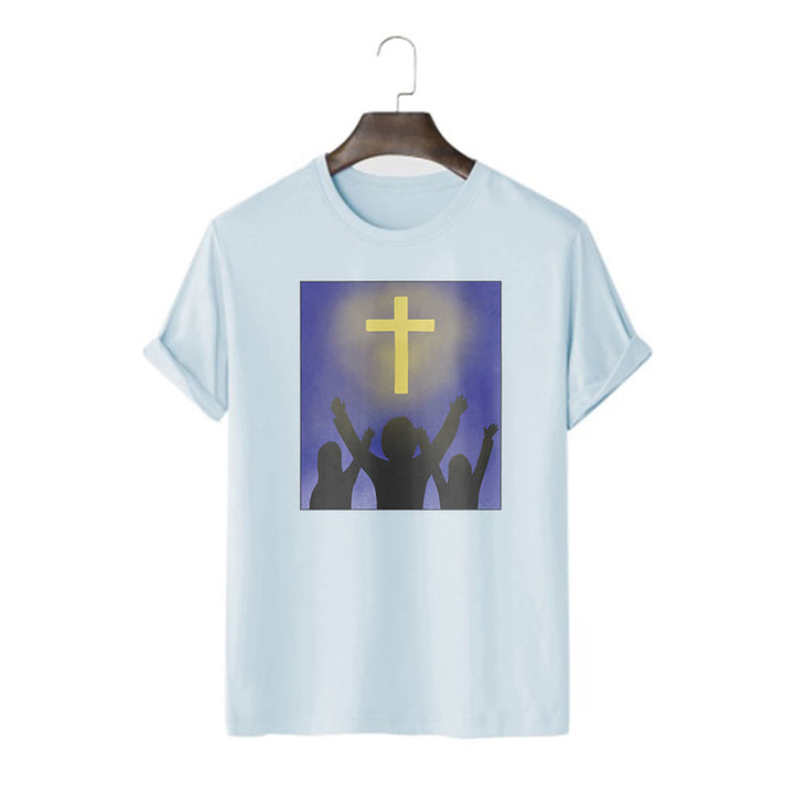 Christianartworkshop Minimalist Style Christian Faith Inspirational Cross and Worshippers Short Sleeve Washed T-shirt