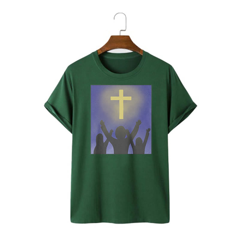 Christianartworkshop Minimalist Style Christian Faith Inspirational Cross and Worshippers Short Sleeve Washed T-shirt