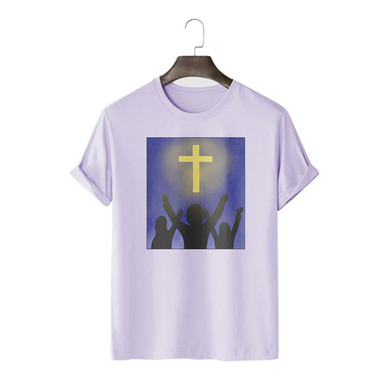 Christianartworkshop Minimalist Style Christian Faith Inspirational Cross and Worshippers Short Sleeve Washed T-shirt