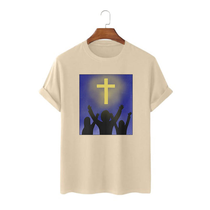 Christianartworkshop Minimalist Style Christian Faith Inspirational Cross and Worshippers Short Sleeve Washed T-shirt