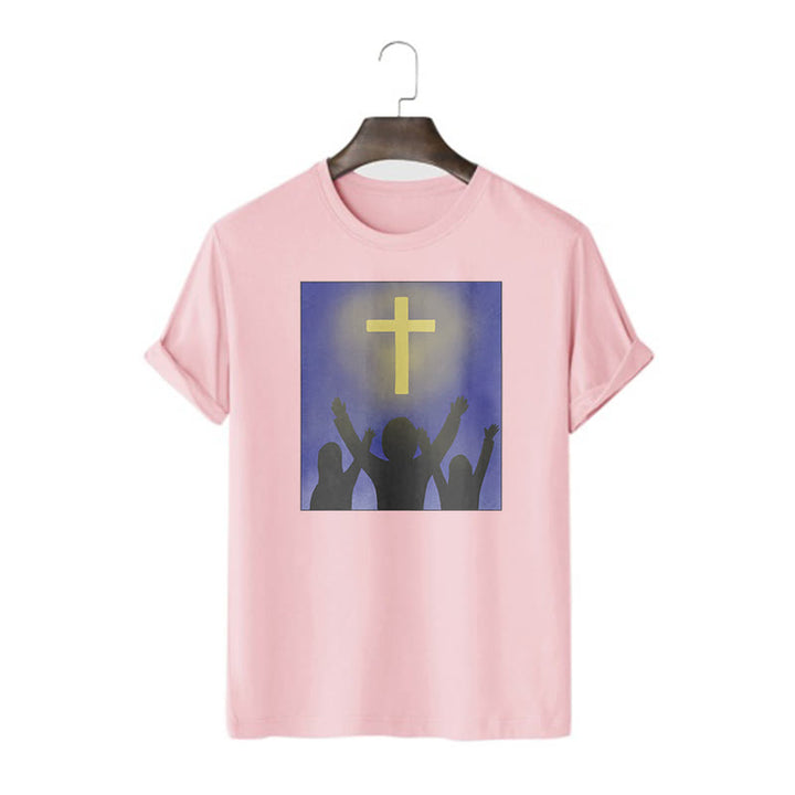 Christianartworkshop Minimalist Style Christian Faith Inspirational Cross and Worshippers Short Sleeve Washed T-shirt