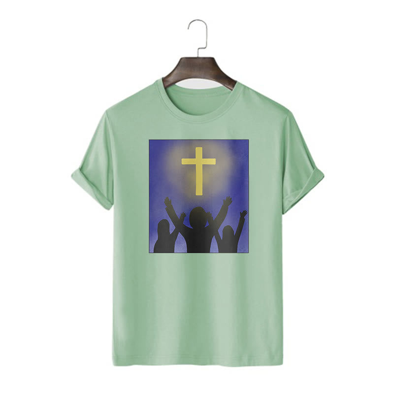 Christianartworkshop Minimalist Style Christian Faith Inspirational Cross and Worshippers Short Sleeve Washed T-shirt