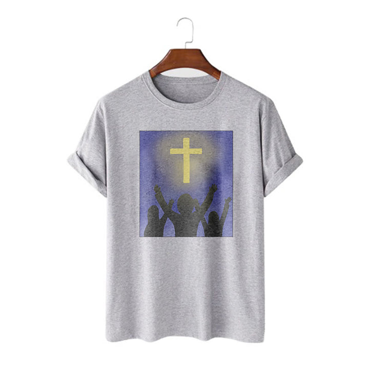 Christianartworkshop Minimalist Style Christian Faith Inspirational Cross and Worshippers Short Sleeve Washed T-shirt