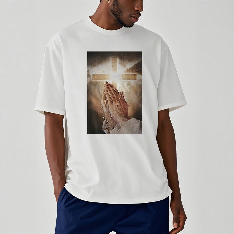 Christianartworkshop Retro Style Hand of Jesus Pray Short Sleeve Washed T-shirt