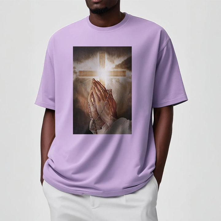 Christianartworkshop Retro Style Hand of Jesus Pray Short Sleeve Washed T-shirt