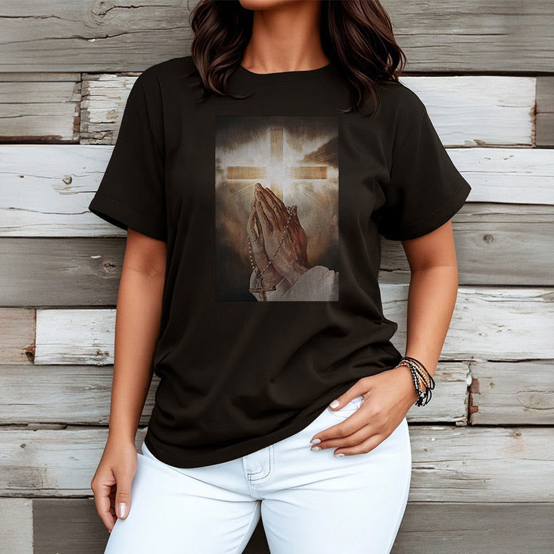 Christianartworkshop Retro Style Hand of Jesus Pray Short Sleeve Washed T-shirt