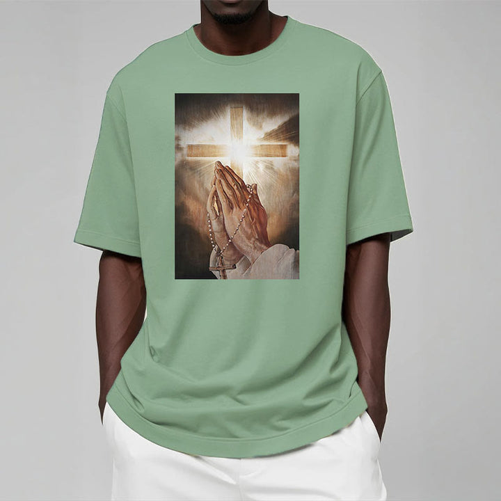 Christianartworkshop Retro Style Hand of Jesus Pray Short Sleeve Washed T-shirt