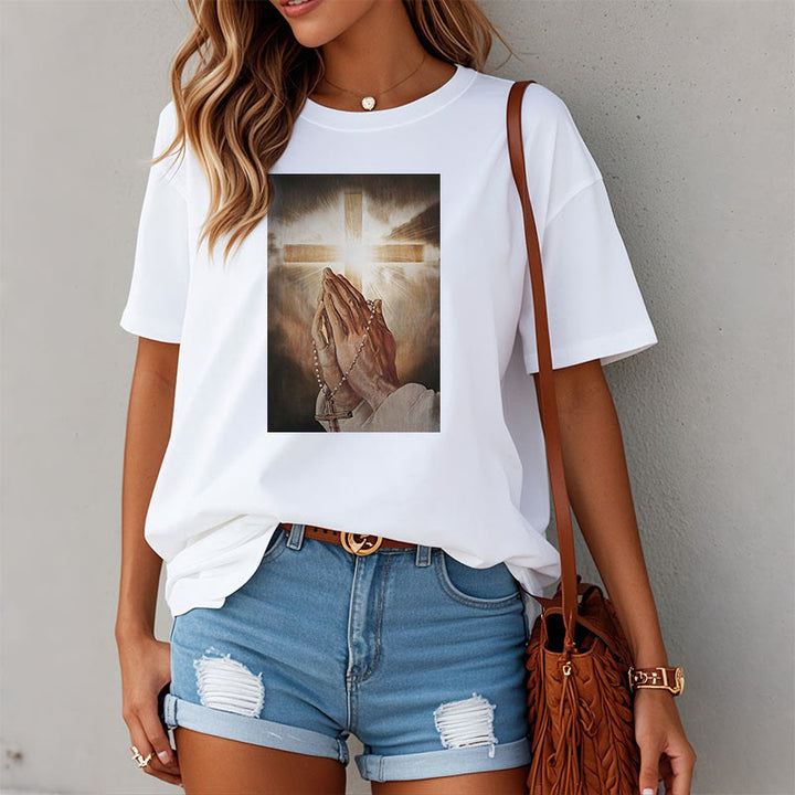 Christianartworkshop Retro Style Hand of Jesus Pray Short Sleeve Washed T-shirt