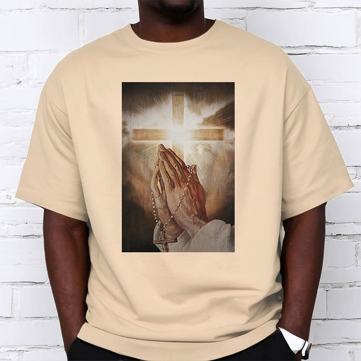 Christianartworkshop Retro Style Hand of Jesus Pray Short Sleeve Washed T-shirt