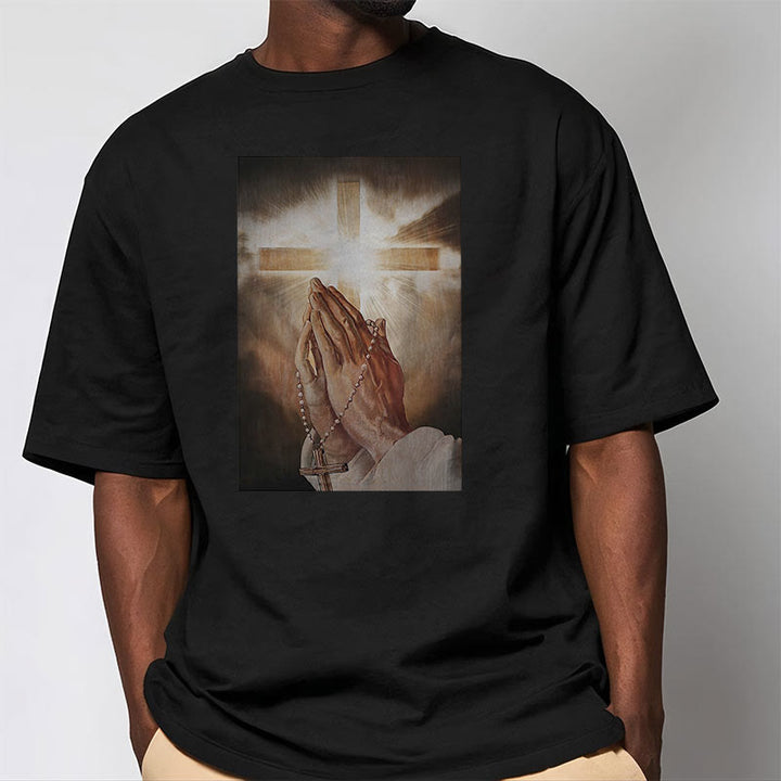 Christianartworkshop Retro Style Hand of Jesus Pray Short Sleeve Washed T-shirt