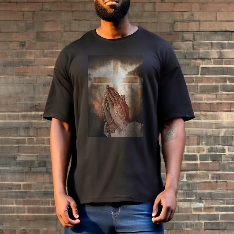 Christianartworkshop Retro Style Hand of Jesus Pray Short Sleeve Washed T-shirt