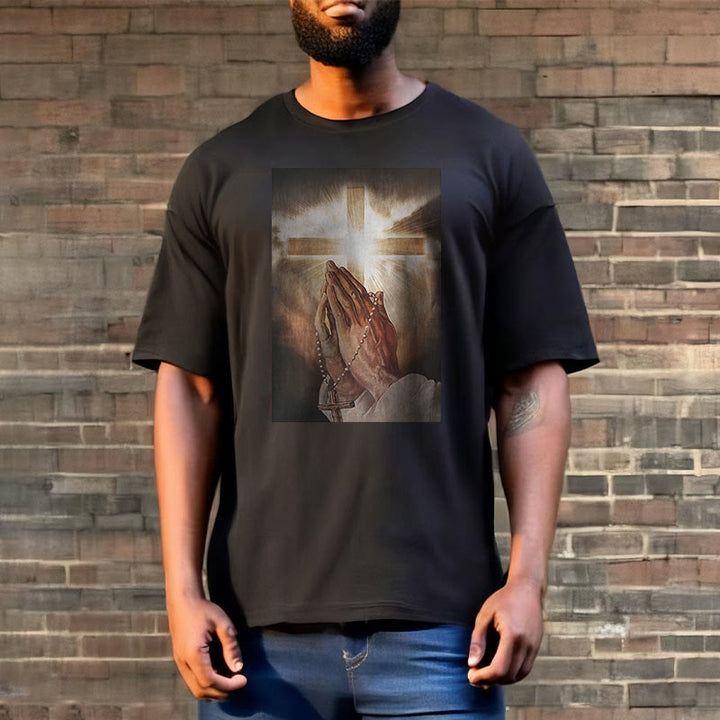 Christianartworkshop Retro Style Hand of Jesus Pray Short Sleeve Washed T-shirt