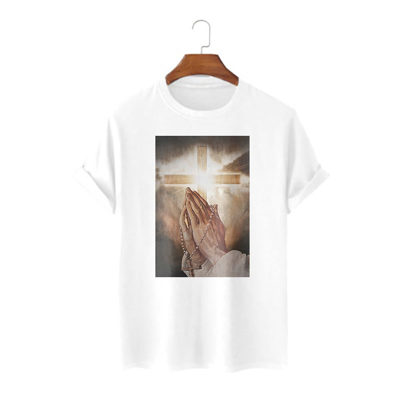 Christianartworkshop Retro Style Hand of Jesus Pray Short Sleeve Washed T-shirt